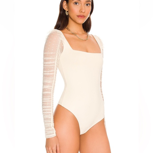 Free People Mesh Polka Dot Detail Sleeves Cream Bodysuit size L - Picture 3 of 8
